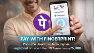 PhonePe app showing biometric UPI payment using fingerprint authentication for transactions up to ₹5,000 in India