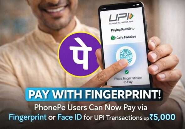 PhonePe app showing biometric UPI payment using fingerprint authentication for transactions up to ₹5,000 in India