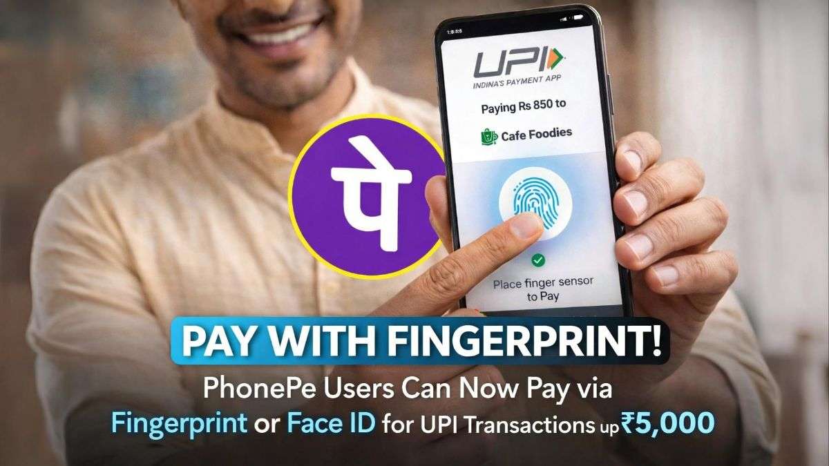 PhonePe app showing biometric UPI payment using fingerprint authentication for transactions up to ₹5,000 in India