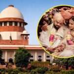 Supreme Court of India building with a Hindu couple performing traditional marriage rituals, representing the court's ruling that marriage ceremonies are essential under Hindu law.