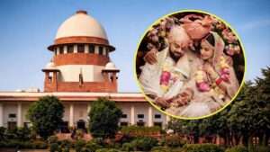 Supreme Court of India building with a Hindu couple performing traditional marriage rituals, representing the court's ruling that marriage ceremonies are essential under Hindu law.