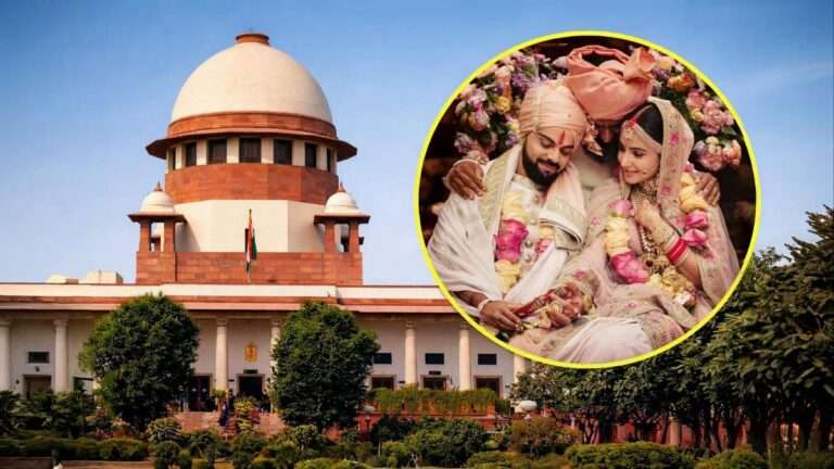 Supreme Court of India building with a Hindu couple performing traditional marriage rituals, representing the court's ruling that marriage ceremonies are essential under Hindu law.