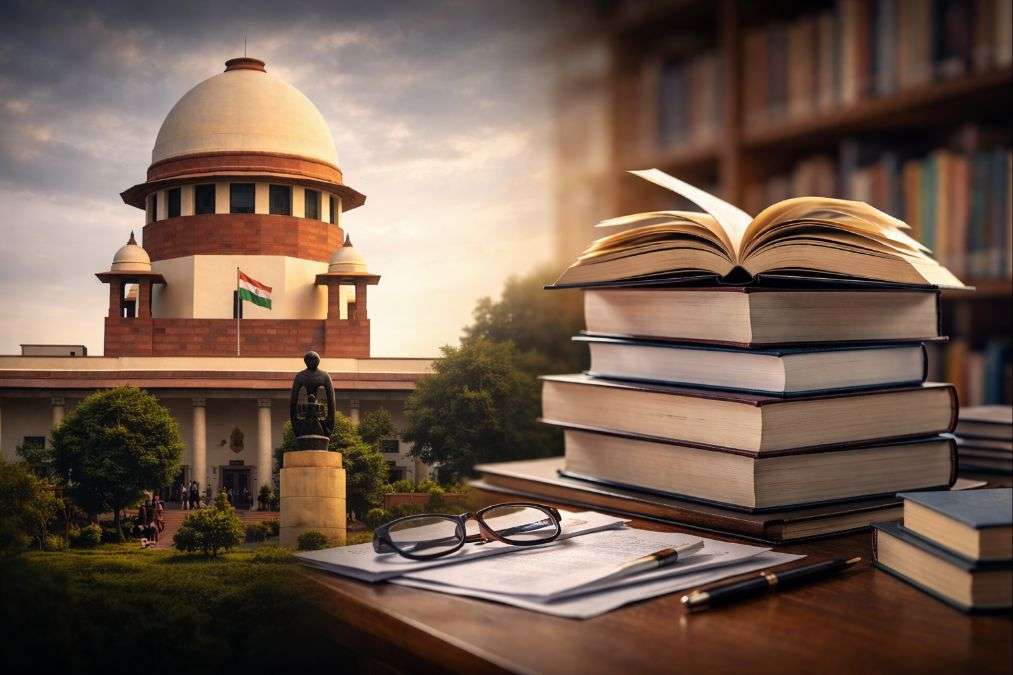Supreme Court of India building and stacked school textbooks symbolizing NCERT Class 8 judiciary controversy and recall order–RAAD WORLD AI generated image