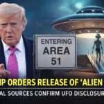 Former US President Donald Trump pointing forward with Area 51 sign and UFO illustration in background, representing official review of alien and UAP government files.