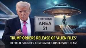 Former US President Donald Trump pointing forward with Area 51 sign and UFO illustration in background, representing official review of alien and UAP government files.