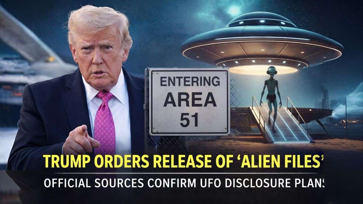 Former US President Donald Trump pointing forward with Area 51 sign and UFO illustration in background, representing official review of alien and UAP government files.