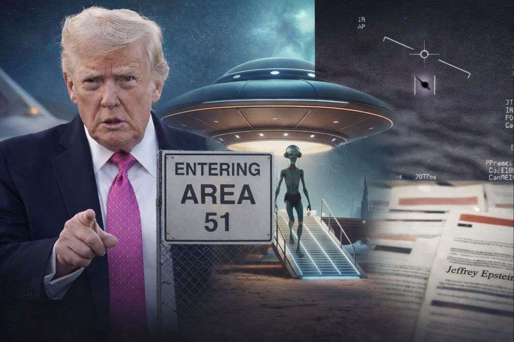 Former US President Donald Trump with Area 51 sign, UFO spacecraft, alien figure, Pentagon UAP radar visuals and Epstein file documents representing official review of alien-related government records.