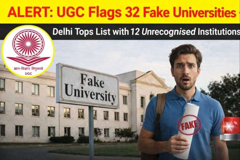 Featured image showing UGC alert about 32 fake universities in India, with Delhi having 12 unrecognised institutions, and a student holding a paper marked “Fake Degree” outside a university building.