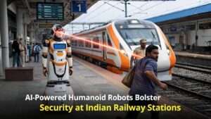 AI-powered humanoid robot assisting Railway Protection Force to enhance security at an Indian railway station with a Vande Bharat train in the background