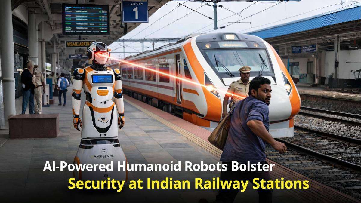 AI-powered humanoid robot assisting Railway Protection Force to enhance security at an Indian railway station with a Vande Bharat train in the background