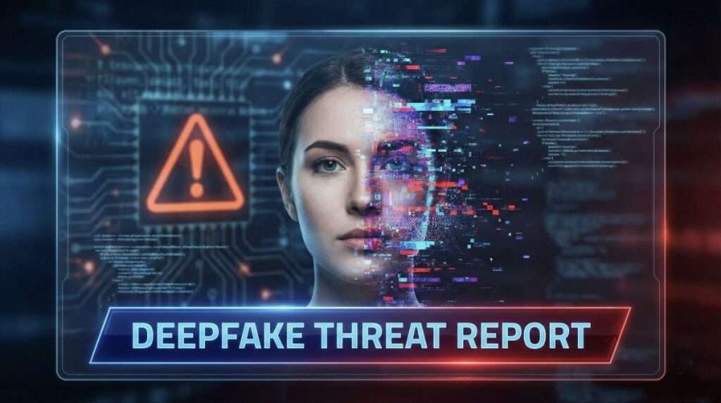 Illustration showing half real and half glitched face representing deepfake AI manipulation technology