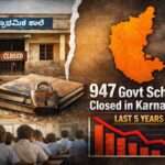 Abandoned government school building and Karnataka state map showing decline of government schools over the last five years, based on official education data.