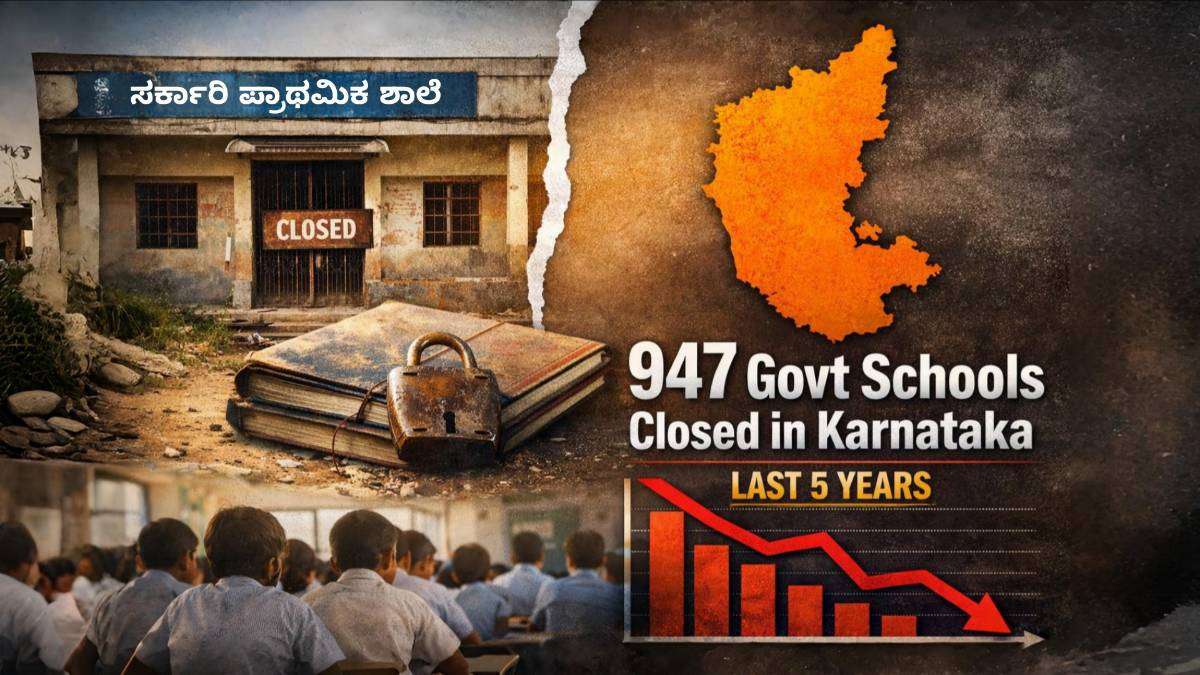 Abandoned government school building and Karnataka state map showing decline of government schools over the last five years, based on official education data.