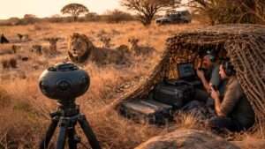360-degree camera filming lions in the African savannah during a National Geographic VR shoot