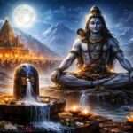 Lord Shiva meditating on Himalayan mountains during Maha Shivratri night with Shiva Lingam abhishekam and full moon background