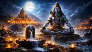 Lord Shiva meditating on Himalayan mountains during Maha Shivratri night with Shiva Lingam abhishekam and full moon background