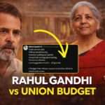 Rahul Gandhi criticising the Union Budget while Finance Minister Nirmala Sitharaman stands in the background, highlighting the political debate over jobs, manufacturing slowdown, falling household savings, and farmer distress in India.