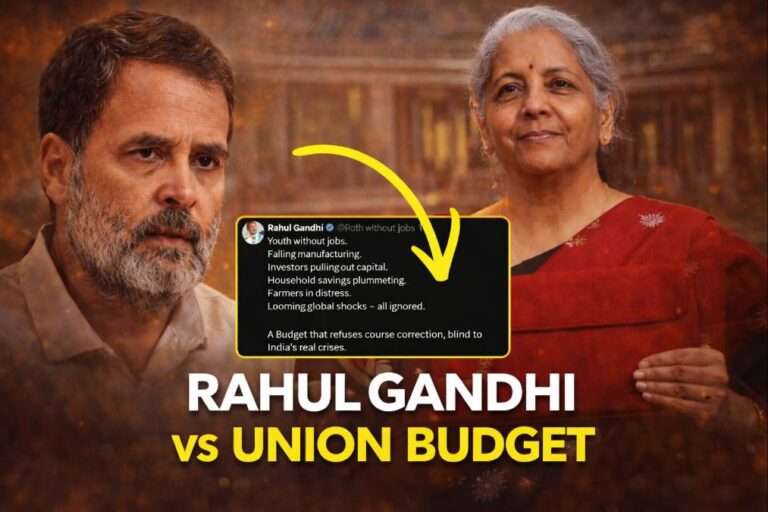 Rahul Gandhi criticising the Union Budget while Finance Minister Nirmala Sitharaman stands in the background, highlighting the political debate over jobs, manufacturing slowdown, falling household savings, and farmer distress in India.
