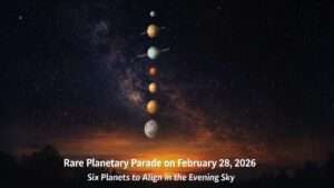 Illustration showing a rare planetary parade on February 28, 2026, with six planets including Mercury, Venus, Jupiter, Saturn, Uranus, and Neptune aligned in the evening sky.