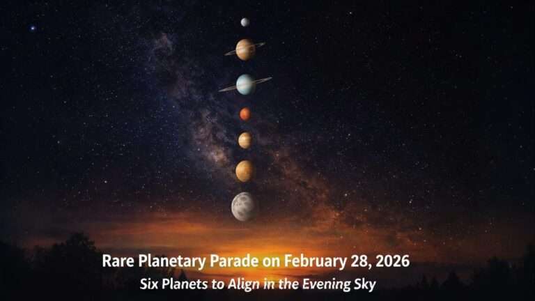 Illustration showing a rare planetary parade on February 28, 2026, with six planets including Mercury, Venus, Jupiter, Saturn, Uranus, and Neptune aligned in the evening sky.