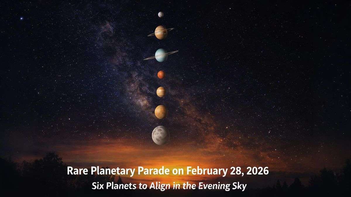Illustration showing a rare planetary parade on February 28, 2026, with six planets including Mercury, Venus, Jupiter, Saturn, Uranus, and Neptune aligned in the evening sky.