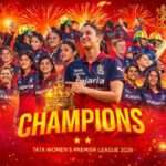 Royal Challengers Bengaluru Women celebrating TATA Women’s Premier League 2026 championship with Smriti Mandhana holding the trophy