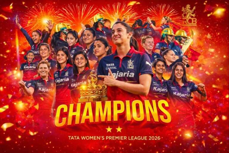 Royal Challengers Bengaluru Women celebrating TATA Women’s Premier League 2026 championship with Smriti Mandhana holding the trophy