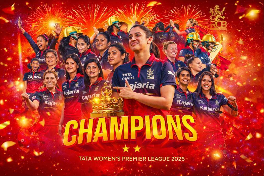 Royal Challengers Bengaluru Women celebrating TATA Women’s Premier League 2026 championship with Smriti Mandhana holding the trophy