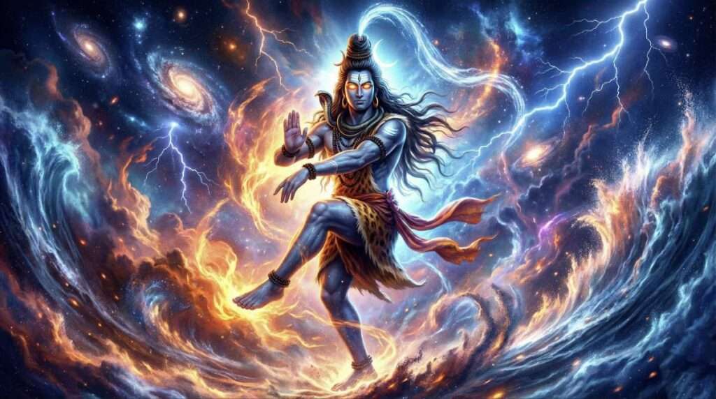 Lord Shiva performing cosmic Tandava dance with glowing third eye and galaxy background during Maha Shivratri