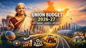 Union Budget 2026–27 featured image showing India's growth vision with infrastructure, manufacturing, renewable energy and development roadmap towards Viksit Bharat.