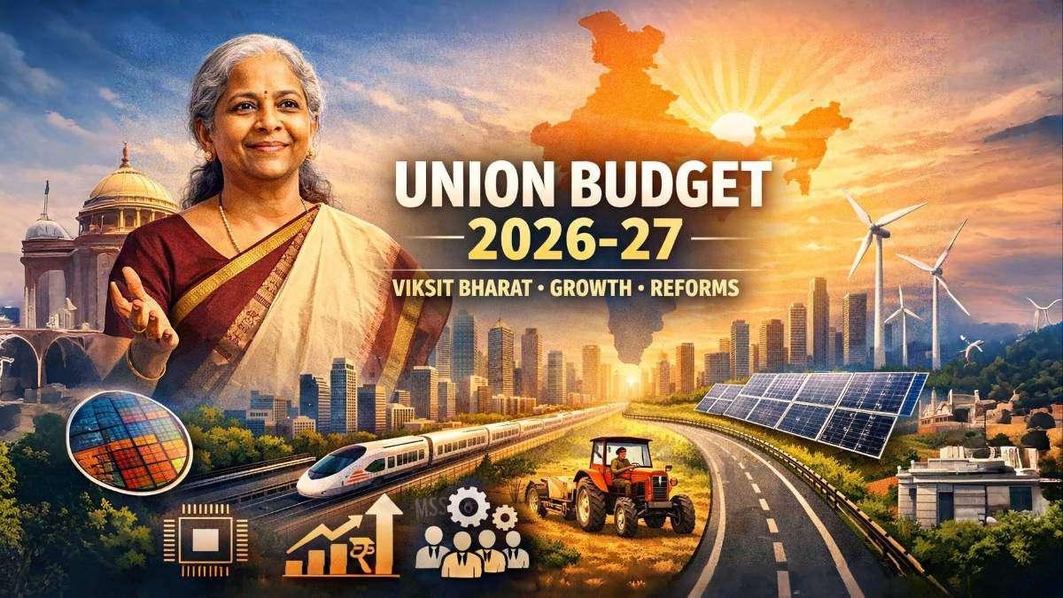 Union Budget 2026–27 featured image showing India's growth vision with infrastructure, manufacturing, renewable energy and development roadmap towards Viksit Bharat.