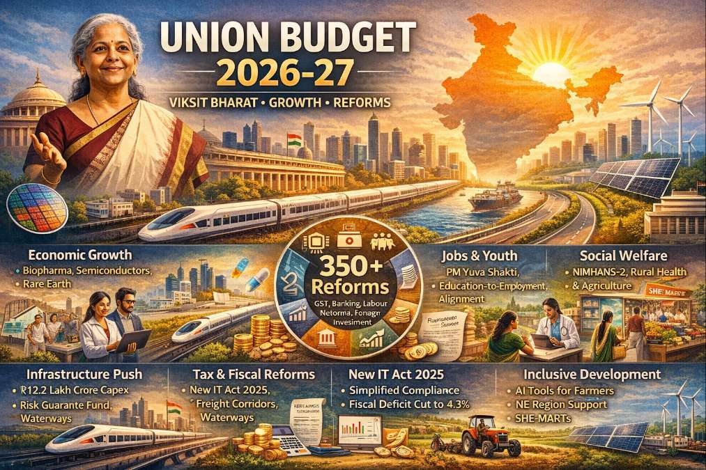 Union Budget 2026–27 visual explaining economic growth, infrastructure investment, MSME support, tax reforms, job creation, agriculture, AI initiatives, and inclusive development under the Viksit Bharat vision.