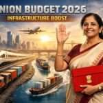 Union Budget 2026 infrastructure boost with Finance Minister Nirmala Sitharaman showcasing freight corridors, high-speed rail, waterways and modern India development