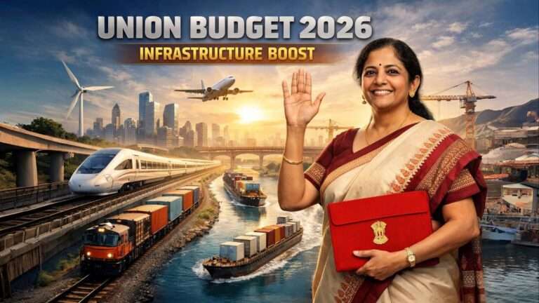 Union Budget 2026 infrastructure boost with Finance Minister Nirmala Sitharaman showcasing freight corridors, high-speed rail, waterways and modern India development