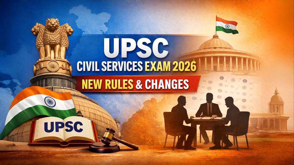 UPSC Civil Services Exam 2026 new rules and changes explained, featuring Ashoka Pillar, Indian Parliament and interview panel visuals