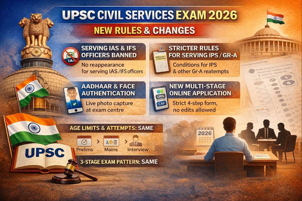 “Visual summary of UPSC Civil Services Exam 2026 new rules including ban on serving IAS and IFS officers, stricter norms for IPS officers, Aadhaar and face authentication, and the new multi-stage online application process”