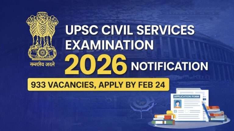 UPSC Civil Services Examination 2026 notification banner showing 933 vacancies and last date to apply online February 24, 2026
