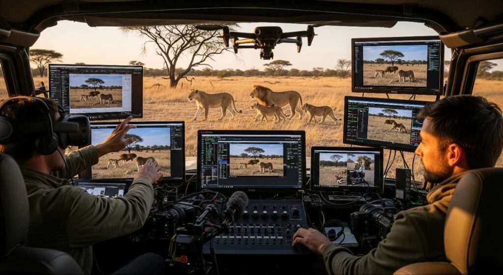 Wildlife filmmakers remotely monitoring lions during a 360-degree VR documentary shoot
