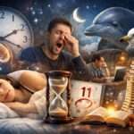Surprising sleep facts illustration showing a sleeping woman, brain activity, clock, and night sky representing sleep science