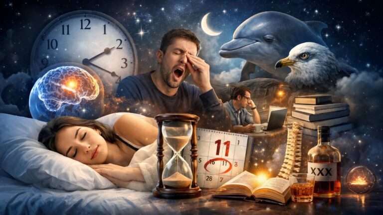 Surprising sleep facts illustration showing a sleeping woman, brain activity, clock, and night sky representing sleep science