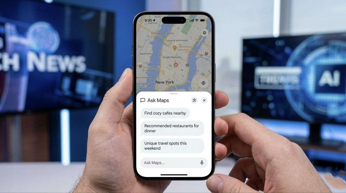 Google Maps Ask Maps AI feature showing conversational search suggestions for nearby places.