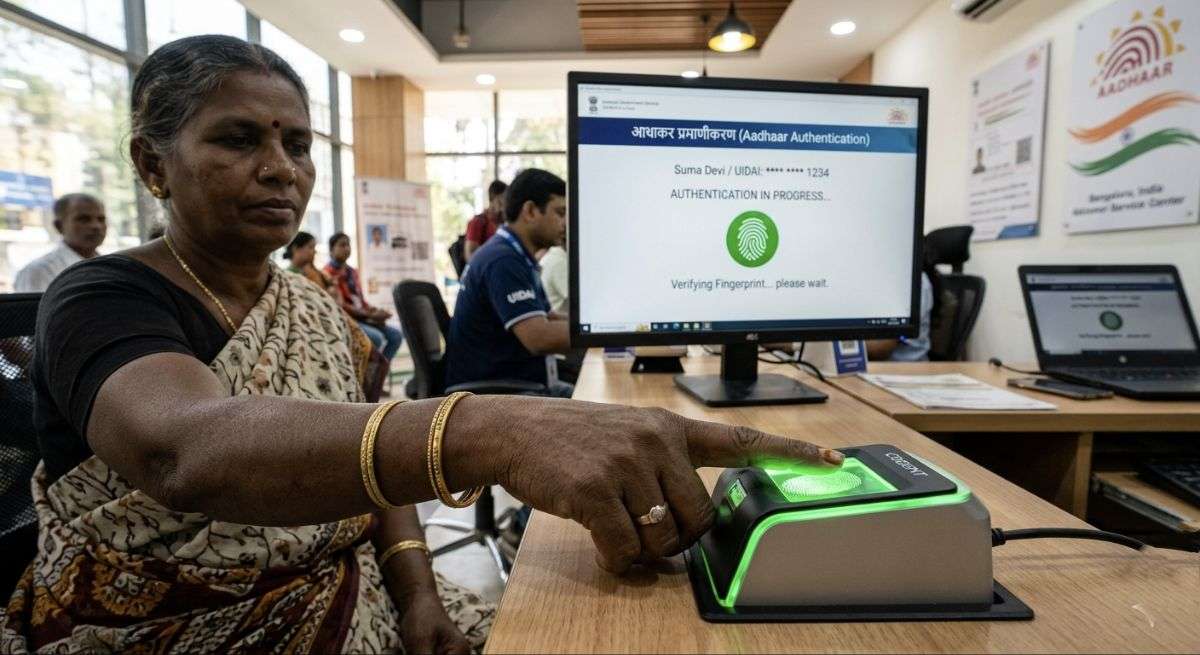 Aadhaar biometric fingerprint authentication process showing UIDAI identity verification system in India