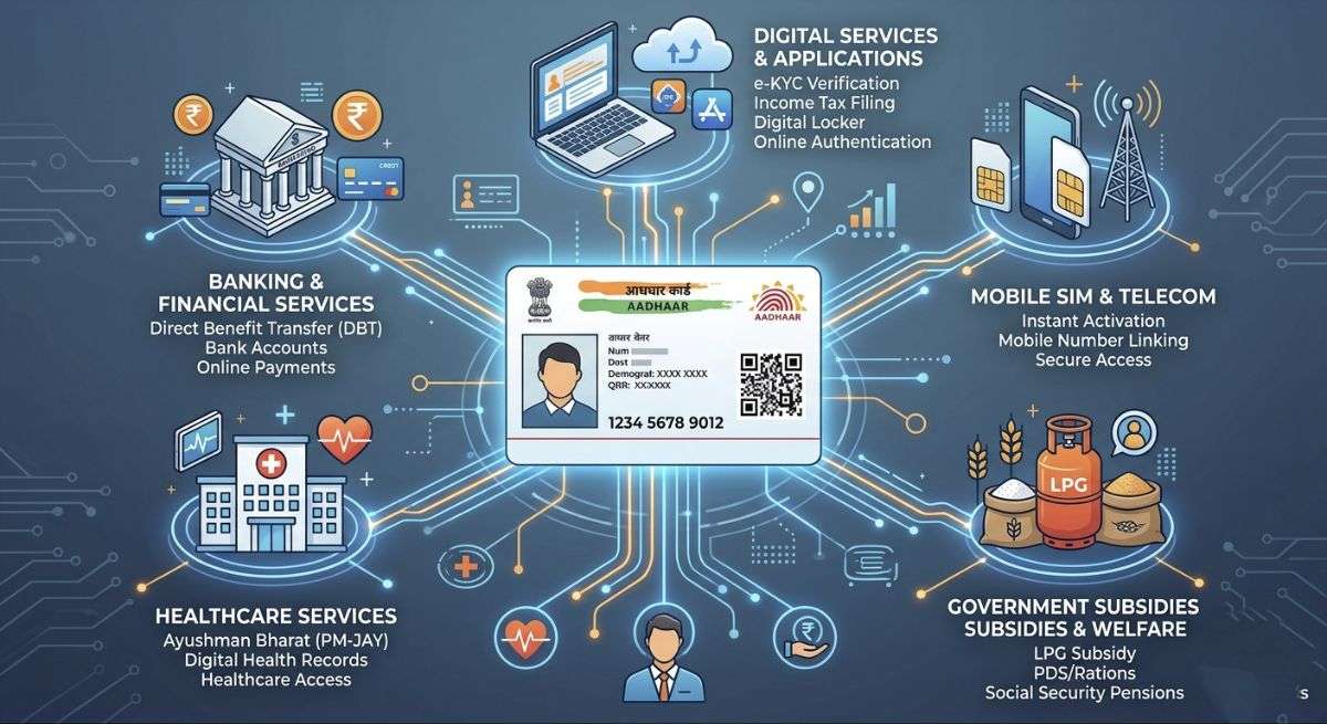 Illustration of Aadhaar digital identity system connecting banking, mobile, and government services in India