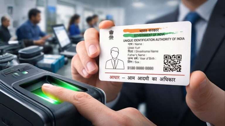 Aadhaar card with biometric identity concept representing UIDAI digital identity system in India