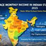 India map showing average monthly income by state in 2025 with Delhi, Telangana, and other states highlighted for economic ranking and per capita income comparison.