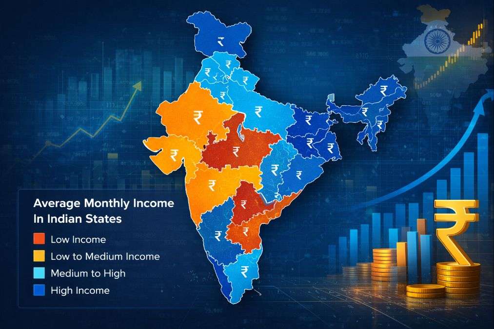 India map infographic showing state wise average monthly labour income levels across Indian states.