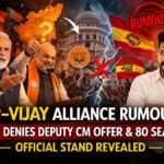 Graphic showing Narendra Modi, Amit Shah and actor-politician Vijay with headline about BJP-TVK alliance rumours and TVK denying Deputy CM post and 80 seats offer.