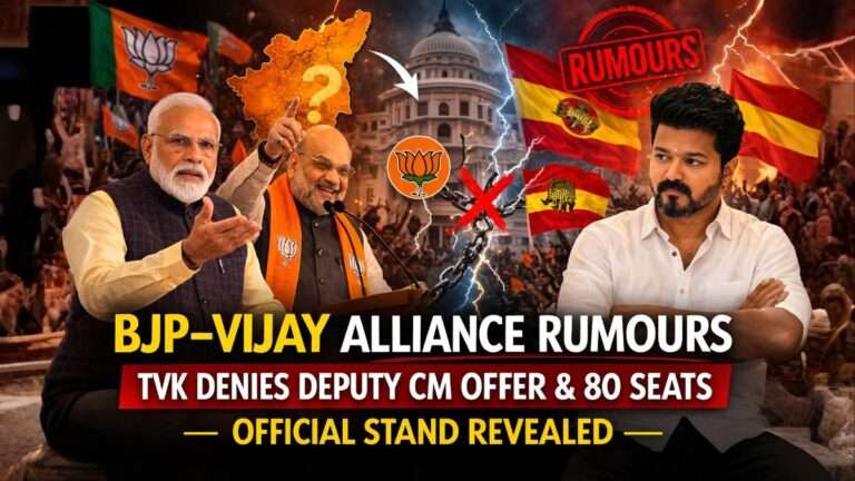 Graphic showing Narendra Modi, Amit Shah and actor-politician Vijay with headline about BJP-TVK alliance rumours and TVK denying Deputy CM post and 80 seats offer.