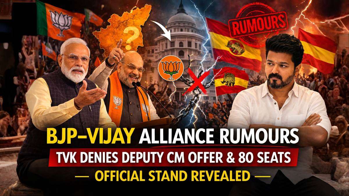 Graphic showing Narendra Modi, Amit Shah and actor-politician Vijay with headline about BJP-TVK alliance rumours and TVK denying Deputy CM post and 80 seats offer.