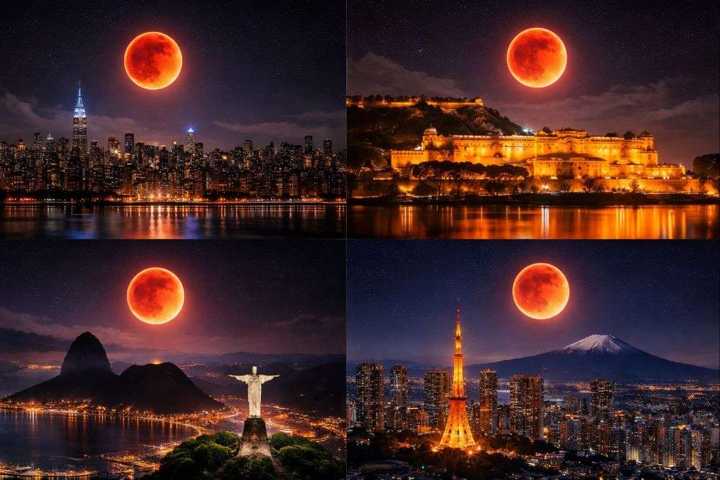 Collage of Blood Moon during total lunar eclipse visible over New York, Jaipur, Rio de Janeiro, and Tokyo city skylines at night